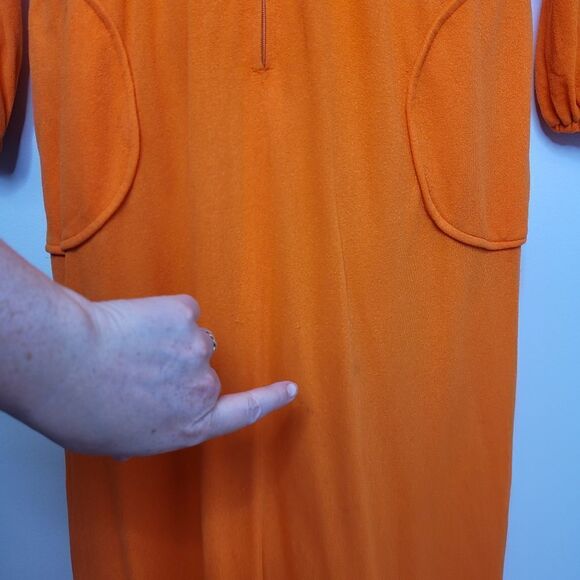 VINTAGE 70s dress orange tangerine long sleeve zip up maxi dress disco collar M - Picture 8 of 15